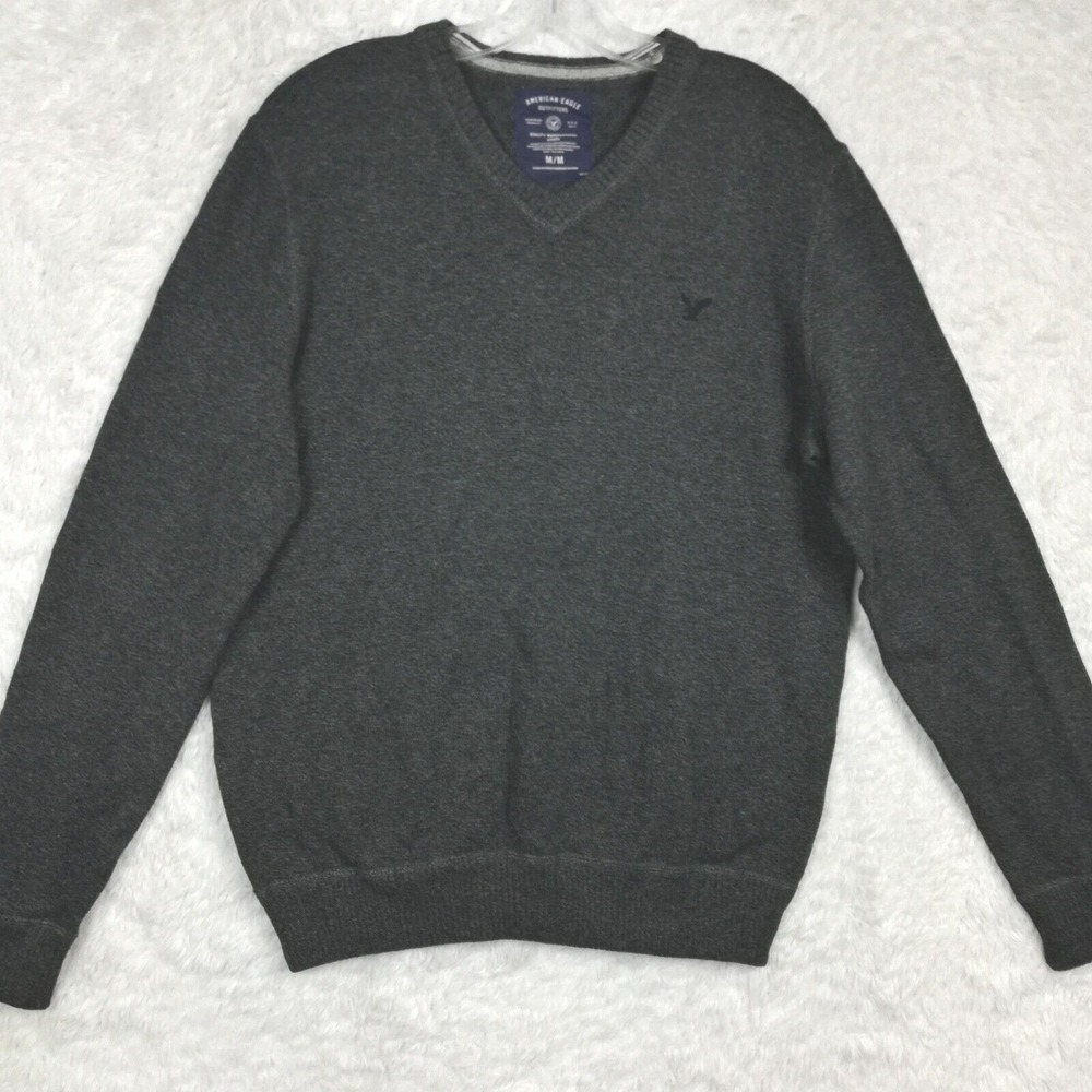 American Eagle Mens Sweater V‎ Neck Charcoal Gray Knit Preppy Pullover M